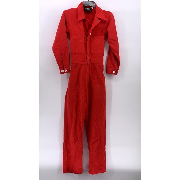 BIG BUD PRESS Women's Red Denim Long Sleeve Half Zip-Up Jumpsuit SZ 2XS - Picture 1 of 9